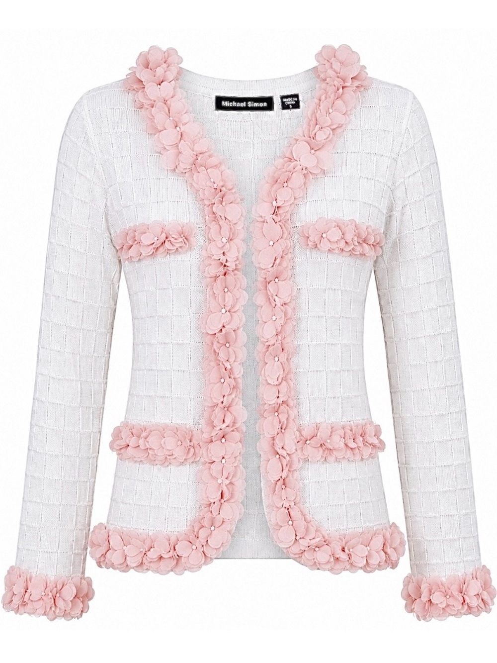 Michael Simon White Pink Floral Trim Basketweave Knit Cardigan Sweater S